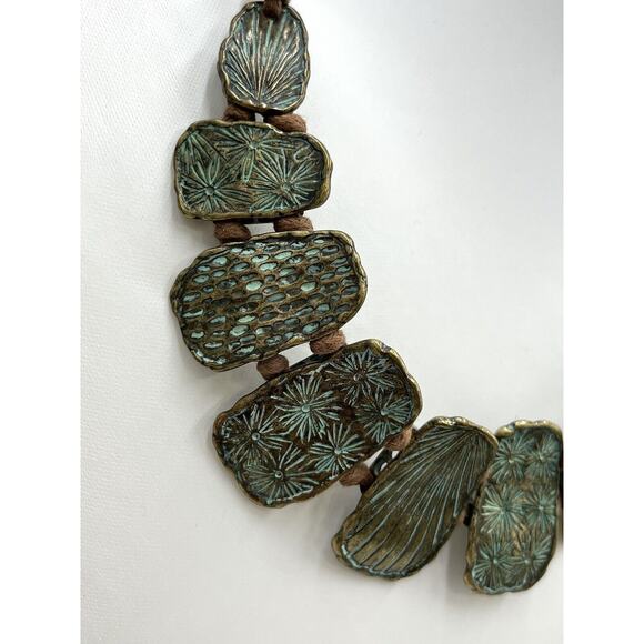 St. Thomas Etched Medallions Copper Tone Brown Suede Patina Statement Necklace - Picture 7 of 15